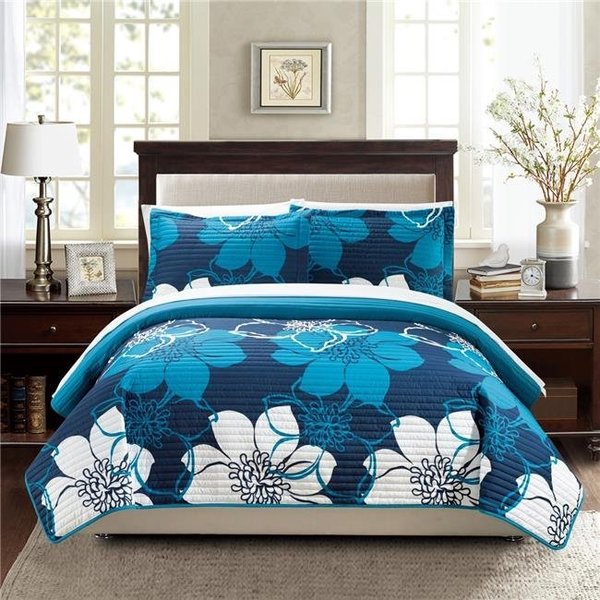 Chic Home Chic Home QS1767-US 3 Piece Capiz Abstract Large Scale Floral Printed Queen Quilt Set; Blue with 2 Shams QS1767-US